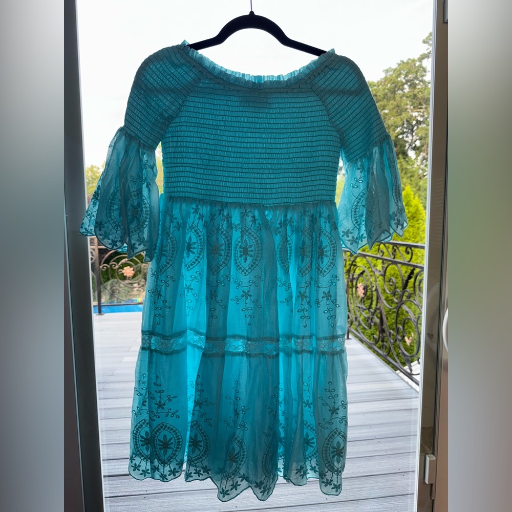 Boho Turquoise Blue Smocked Midi Dress | Embroidered Bell Sleeves size M